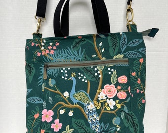 Green Peacock Rifle Paper Co Canvas Cross Body Tote with Teal Cork Base