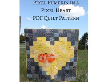 Fall Quilt Pattern, Easy Autumn Quilt, Pixel Pumpkin in a Pixel Heart PDF Quilt Pattern, Beginner friendly quilt, charm square quilt