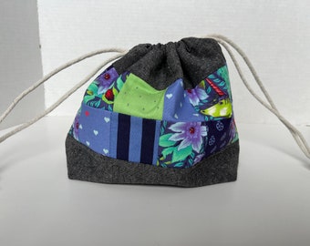 Patchwork Drawstring Knitting Project Bag, Valentines Day bag