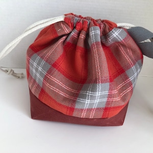 Plaid Flannel and Waxed Canvas Knitting or Crochet Bag in Hygge Style