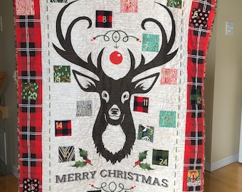 Deer and Plaid Quilted Advent Calendar, Advent Calendar with Pockets, Farmhouse Style, Fabric Advent Calendar