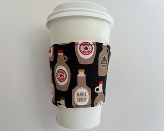 Maple Syrup Coffee Cup Cozy, fabric coffee sleeve, Canadian themed hot drink sleeve