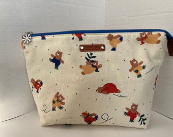 Winter Holiday Bears Large Cosmetics Bag, Toiletry Bag, Zipper Pouch, Project Bag, Gift for Bear Lover