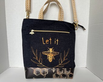 Let it Bee Cross Body Tote with Vinyl Base and Gold Coloured Zippers