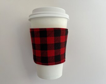 Red Check Plaid Coffee Cup Cozy, fabric coffee sleeve, buffalo plaid hot drink sleeve