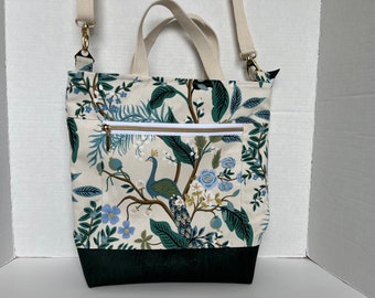 Peacock Rifle Paper Co Canvas Cross Body Tote with Dark Green Cork Base