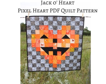 Halloween Quilt Pattern, Jack-O-Lantern, Pixel Heart Quilt Pattern, Halloween Heart Quilt, Heart Pumpkin Quilt, Mini or Lap Quilt PDF