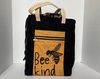 Bee Themed Large Project Bag, Firefly Tote Bag, Knitting Bag, Waxed Canvas