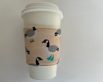 Canada Geese Coffee Cup Cozy, fabric coffee sleeve, Canadian themed hot drink sleeve