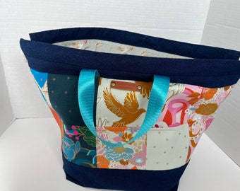 Patchwork and Denim Knitting Project Bag, Finch Bucket Bag, Large Knitting Bag