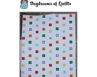 Jumping Framed Squares PDF Quilt Pattern beginner quilter friendly queen sized rainbow fussy cut