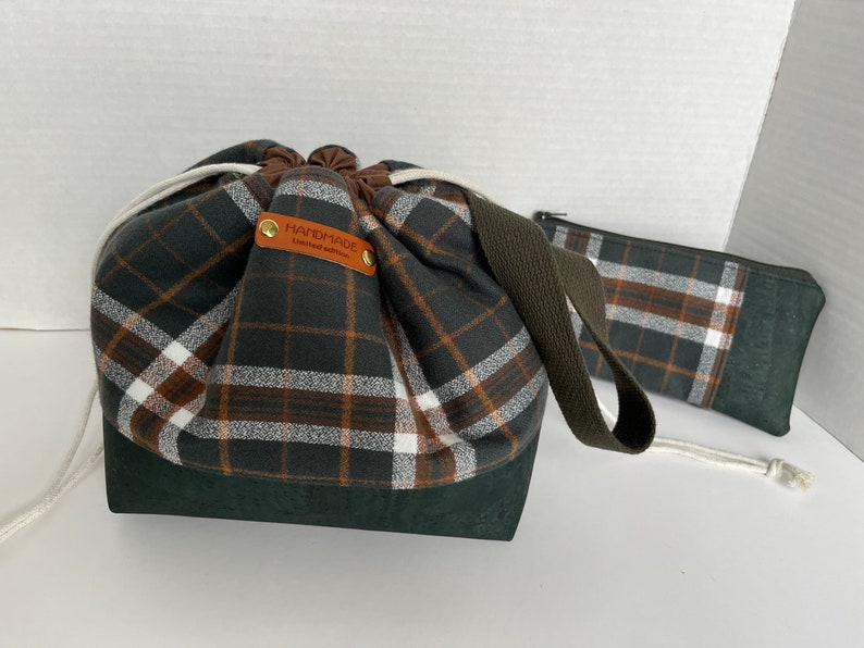 Green Plaid Flannel Small Project Bag Set, Flannel and Cork Knitting Bag, Fall Project Bag image 2