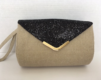 Black Glitter and Gold Metallic Linen Clutch Bag with removable wrist strap