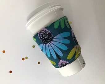 Echinacea Flowers Coffee Cup Cozy, fabric coffee sleeve, gift for her