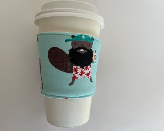 Beavers at the Beach Coffee Cup Cozy, fabric coffee sleeve, Canadian themed hot drink sleeve