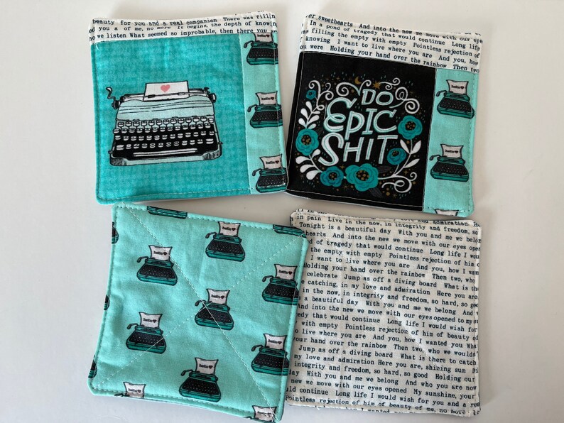 Typewriter Themed Sweary Coffee Drink Coasters set of Four quilted image 1