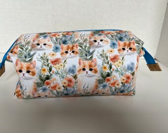 Cute Kitten Themed Canvas Wire Framed Bag, Small Knitting or Crochet Bag, toiletry bag