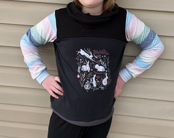 Girls Cowel Neck Pullover Sweatshirt with Rabbits, Easter or Spring Theme