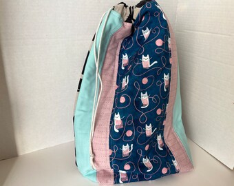 Cat Themed Linen and Canvas Knitting or Crochet Bag, Drawstring Bag