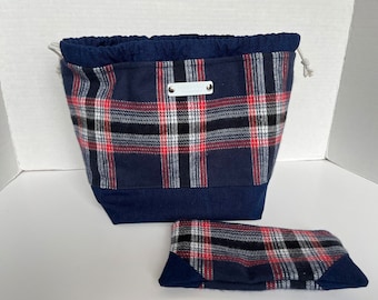 Plaid Flannel Small Project Bag Set, Flannel and Denim Knitting Bag, Fall Project Bag