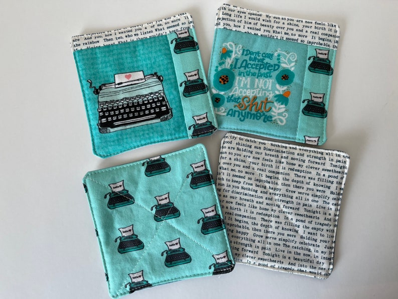 Typewriter Themed Sweary Coffee Drink Coasters set of Four quilted image 2