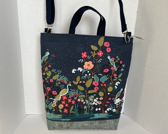 Large Cross Body Tote with Floral and Birds Print and Cork Base