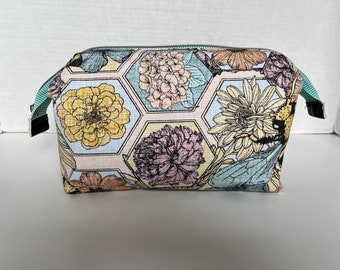 Bee and Floral Themed Canvas Wire Framed Bag, Small Knitting or Crochet Bag, toiletry bag