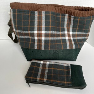Green Plaid Flannel Small Project Bag Set, Flannel and Cork Knitting Bag, Fall Project Bag image 6