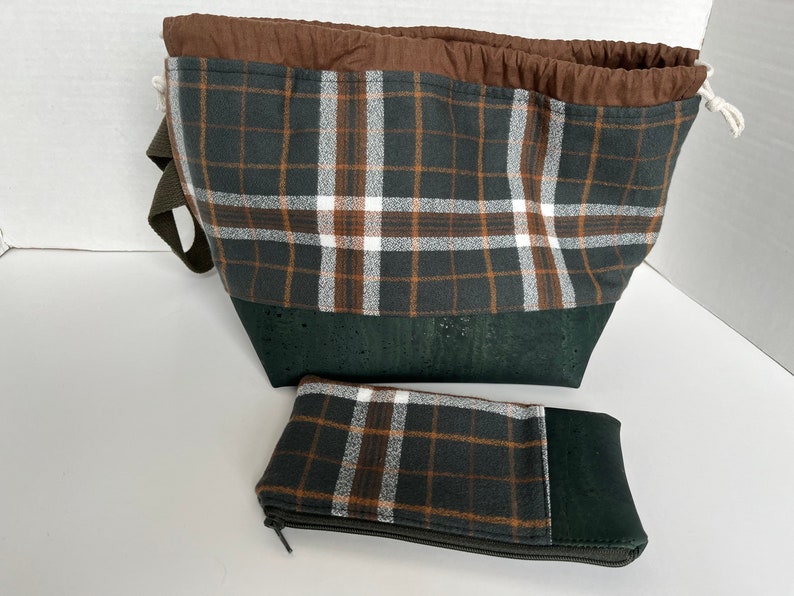 Green Plaid Flannel Small Project Bag Set, Flannel and Cork Knitting Bag, Fall Project Bag image 6