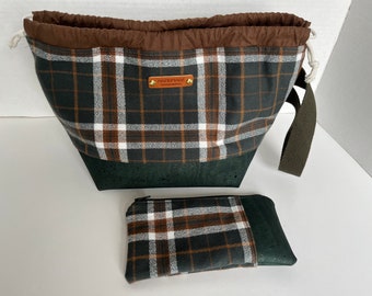 Green Plaid Flannel Small Project Bag Set, Flannel and Cork Knitting Bag, Fall Project Bag