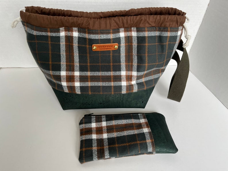 Green Plaid Flannel Small Project Bag Set, Flannel and Cork Knitting Bag, Fall Project Bag image 1