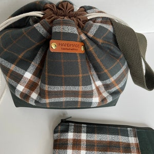 Green Plaid Flannel Small Project Bag Set, Flannel and Cork Knitting Bag, Fall Project Bag image 3