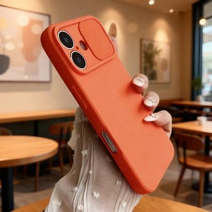 Op de afbeelding: Oranje telefoonhoesje met een cameralensbeschermer. De hoes heeft een gladde, matte afwerking en een rechthoekige vorm. De cameralensbeschermer is een donkerdere tint oranje en heeft een geribbelde textuur. Ontworpen om de camera van de telefoon te beschermen.