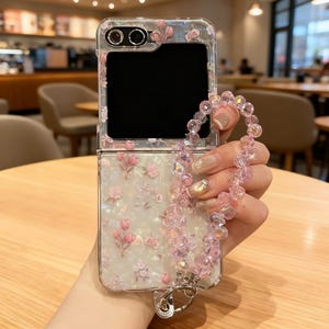 May include: A clear phone case with a floral design featuring pink flowers and a pearlescent background. The case has a matching pink beaded wrist strap. The phone case is open, revealing a black screen.