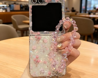 Floral Z Flip Case with Rhinestone Bracelet for Samsung Flip 7/6/5