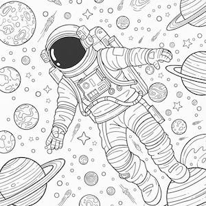 May include: Line art illustration of an astronaut floating in space, surrounded by planets, stars, rockets, and other celestial bodies. The astronaut is wearing a spacesuit and helmet. The image is in black and white, perfect for coloring.