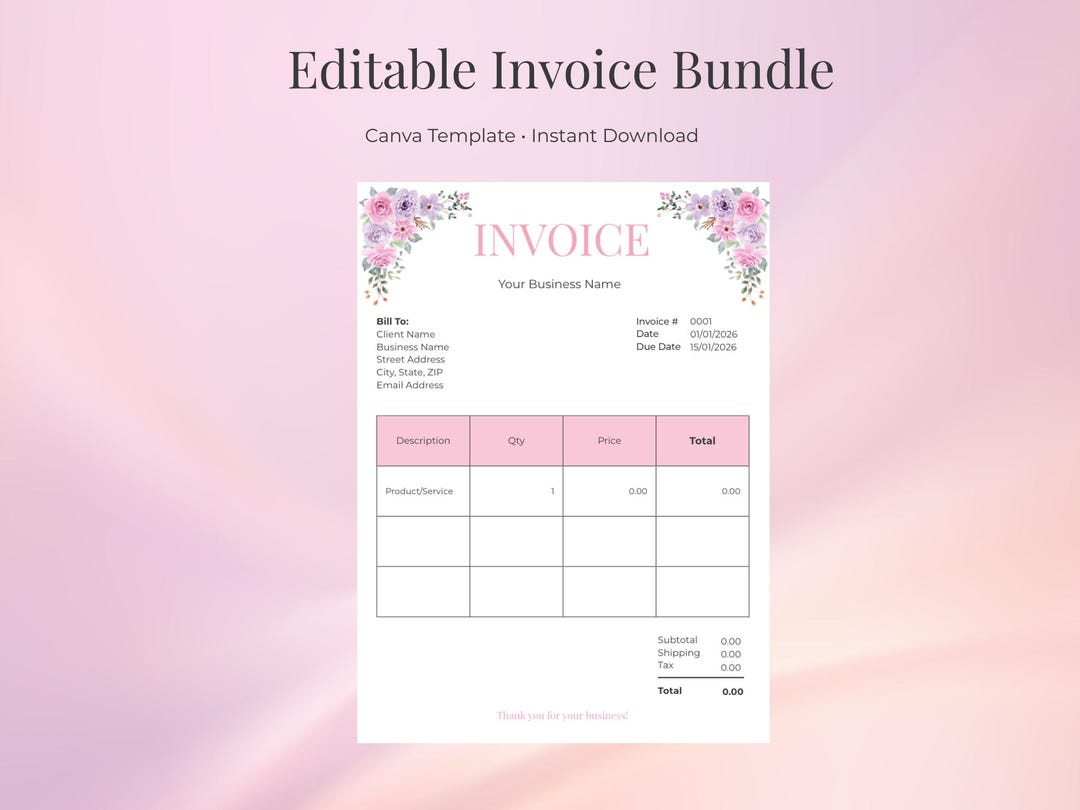 Editable Invoice Bundle Canva Template | Floral Invoice, Receipt ...