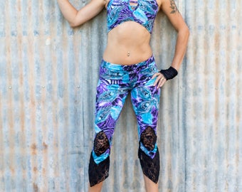 Peacock Sparkle Yoga Fun and Flirty Womens Leggings with Lace