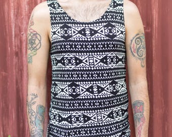 Mens Silky Soft Black and White Geometric Print Tank Top