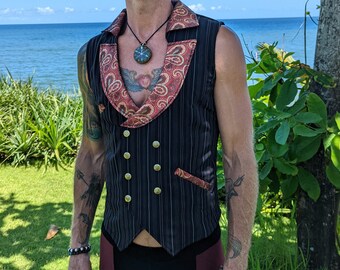 VERY Limited edition black and red pinstripe Double Breasted Vest with red paisley collar and custom brass snaps