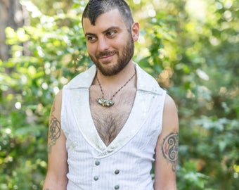 White and Silver Pinstripe Mens Dapper Double Breasted vest with Gold Paisley Collar