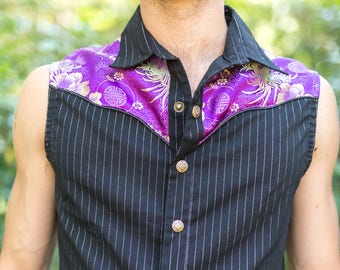 Black and Purple Mens Sleeveless Cowboy Shirt with Asian Print and Snap Buttons