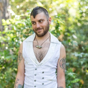 White and Silver Pinstripe Mens Dapper Double Breasted vest with Gold Paisley Collar