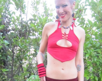 LAST ONE: Womens Adjustable Pretty Little Titty Shirt in Bright Red Keyhole and Lace Up