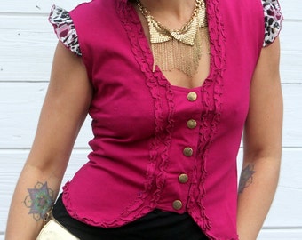 LAST ONE: S/M Hot Pink Women's Victorian Vest with ruffles, lace, and custom engraved brass Sri Yantra Snaps