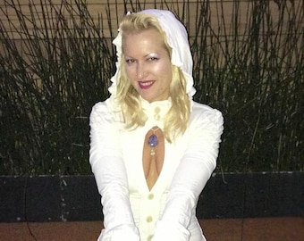 Gorgeous White cotton lycra Victorian Keyhole jacket with pockets and detachable hood