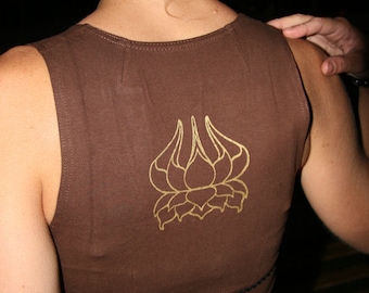 Brown Lotus Vest with Gold Lotus Flower Screenprint Festival Performance Dance Yoga Crop Top