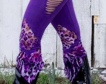 Purple and Leopard print lace leggings with Cutouts Small or Medium
