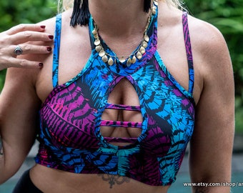 Blue and Fuchsia Feather pattern crop shirt