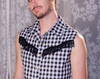 SALE: LAST ONE! Medium Black & White Checkered Sleeveless Mens Button Up Shirt with Fringe and Snap Buttons